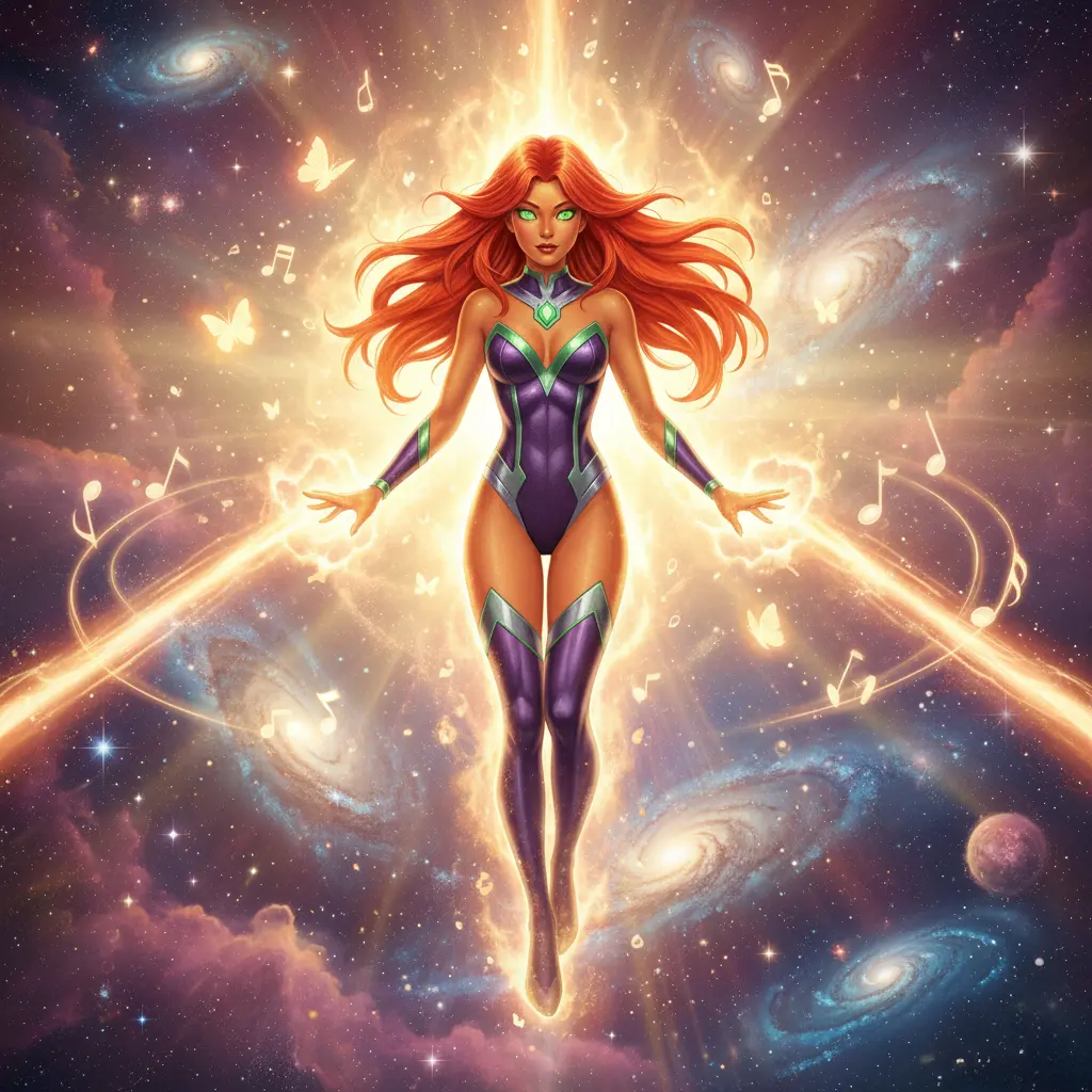 A vibrant depiction of Starfire, emanating warmth and harmony, surrounded by shimmering light.