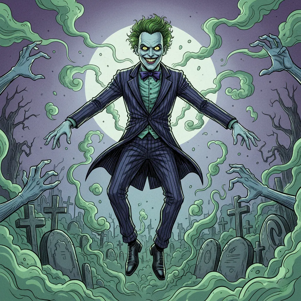 A mischievous Beetlejuice, green hair and striped suit, floats above a spooky graveyard under a full moon.