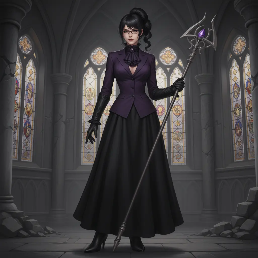 A conservatively dressed Bayonetta in a long black skirt and purple blazer, holding a staff.
