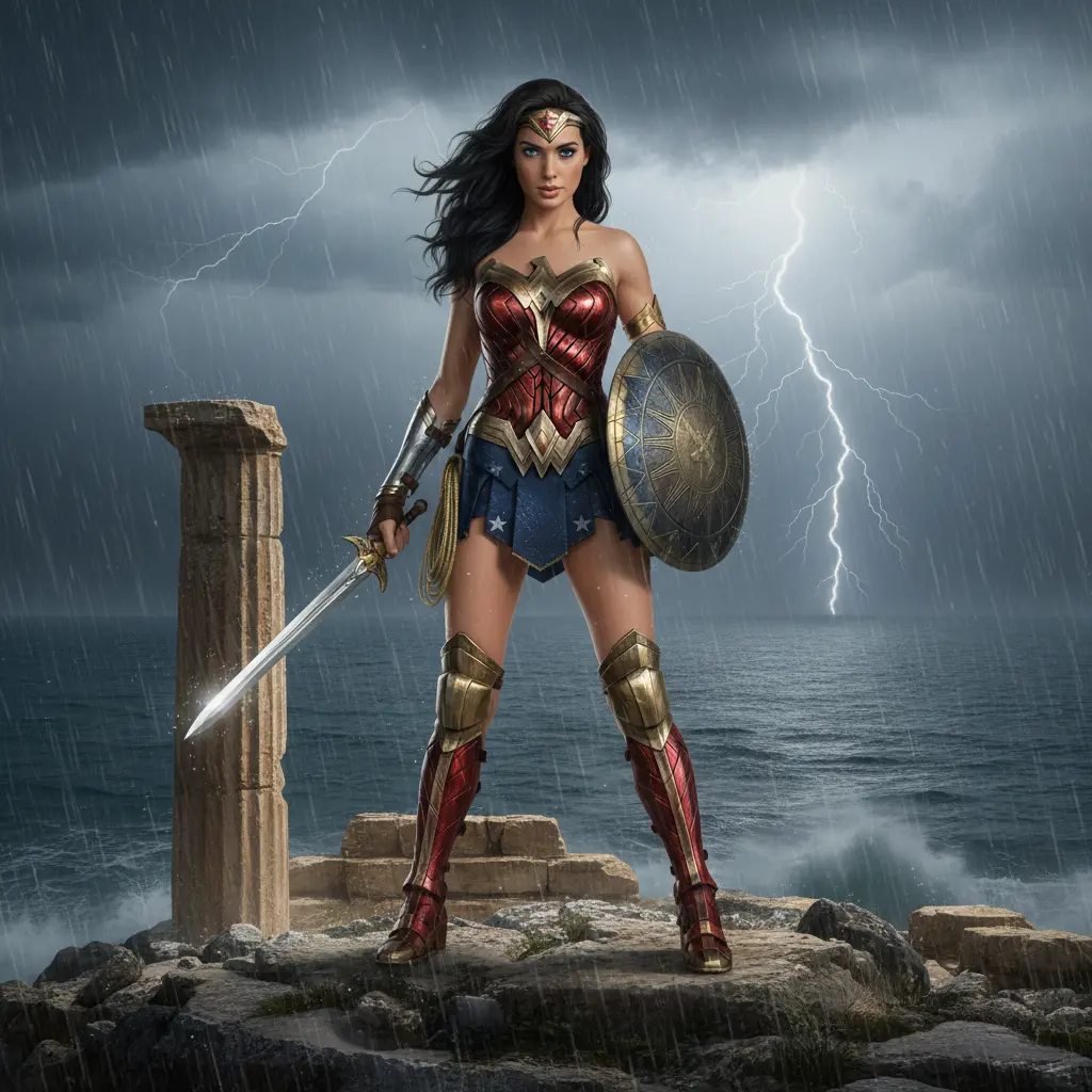 Wonder Woman stands heroically on ancient ruins by a stormy sea, wielding her sword and shield as lightning strikes.