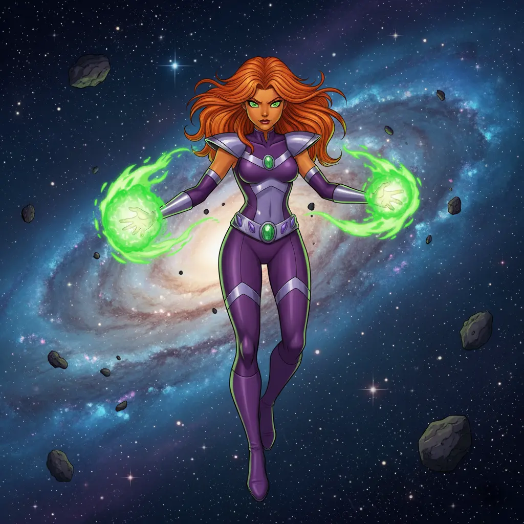 An illustration of Starfire, a superhero with long red hair, in a purple suit, with green energy in her hands.