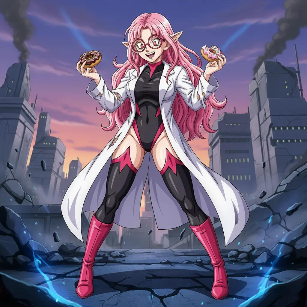 Android 21, a pink-haired scientist with cat ears, holding two donuts.
