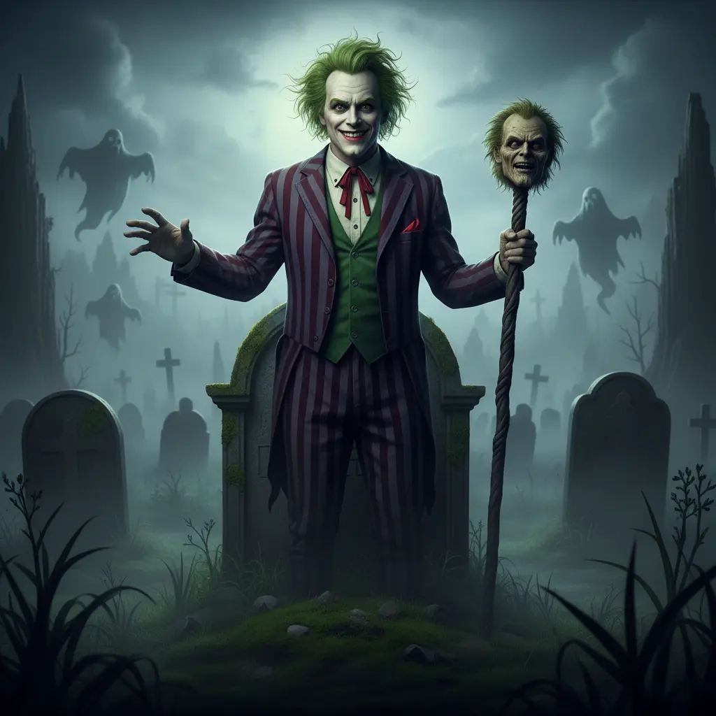 A man with green hair and a striped suit stands in a spooky graveyard holding a staff with a shrunken head.