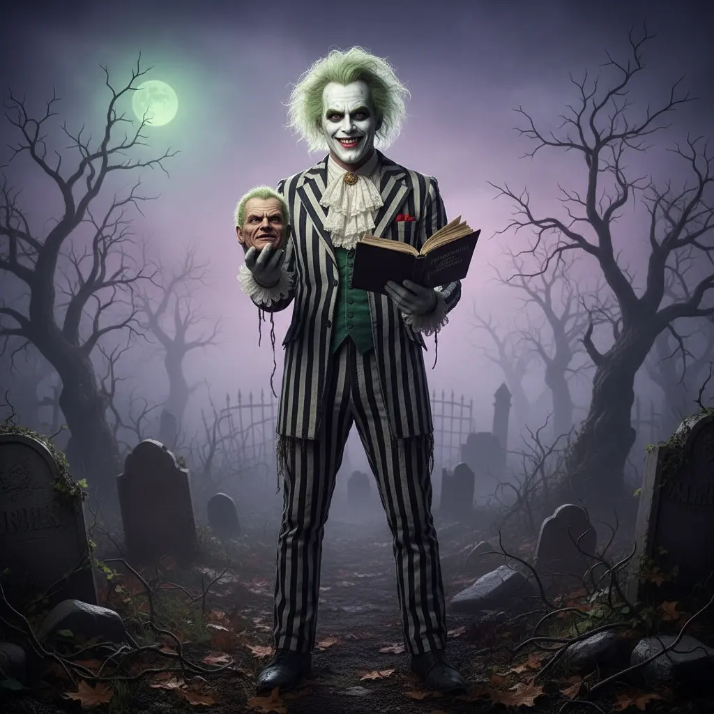 Beetlejuice, a ghoulish figure, stands in a foggy graveyard holding a book and a shrunken head.