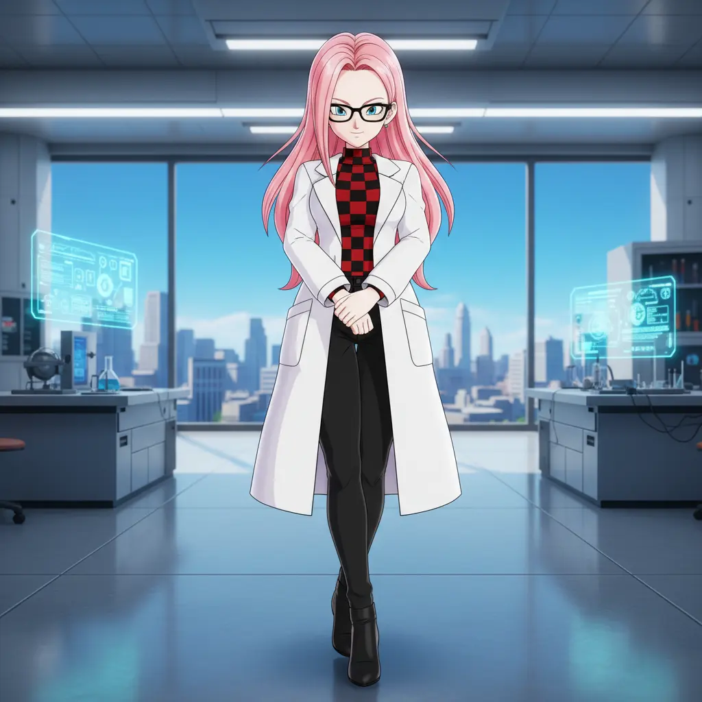  A conservatively dressed Android 21, with grey hair and glasses, stands in a modern office.