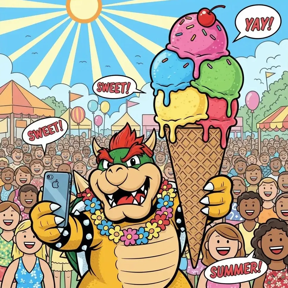 Bowser taking a selfie with an ice cream at a summer festival, Bowser fan art.