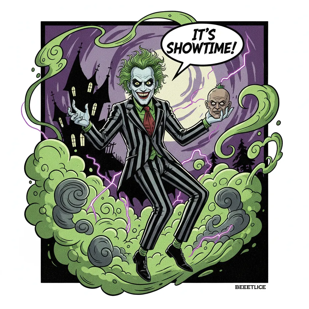 An illustrative fan art image of Beetlejuice emerging from green smoke, holding a shrunken head.