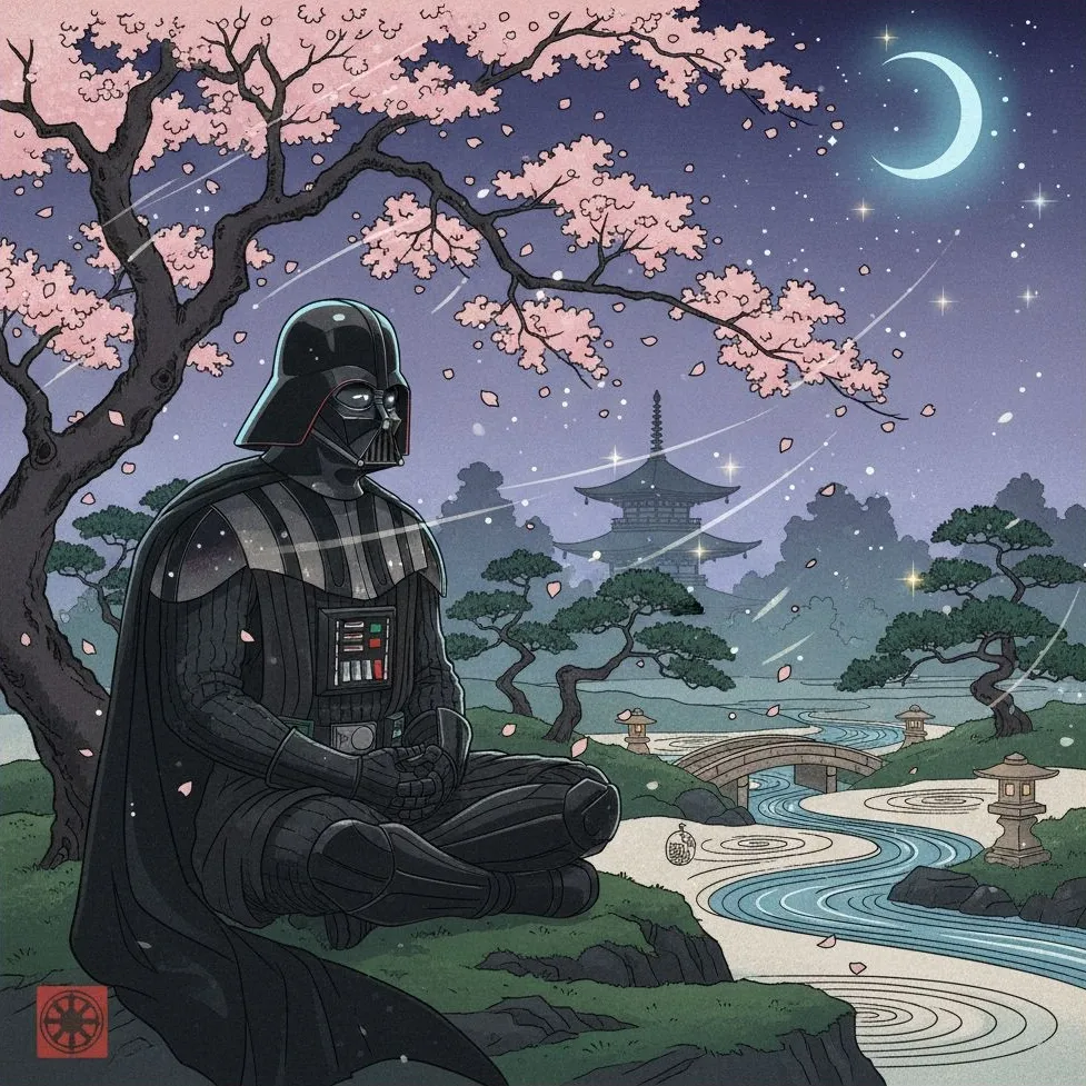 Darth Vader meditating in a moonlit Japanese garden, digital art.