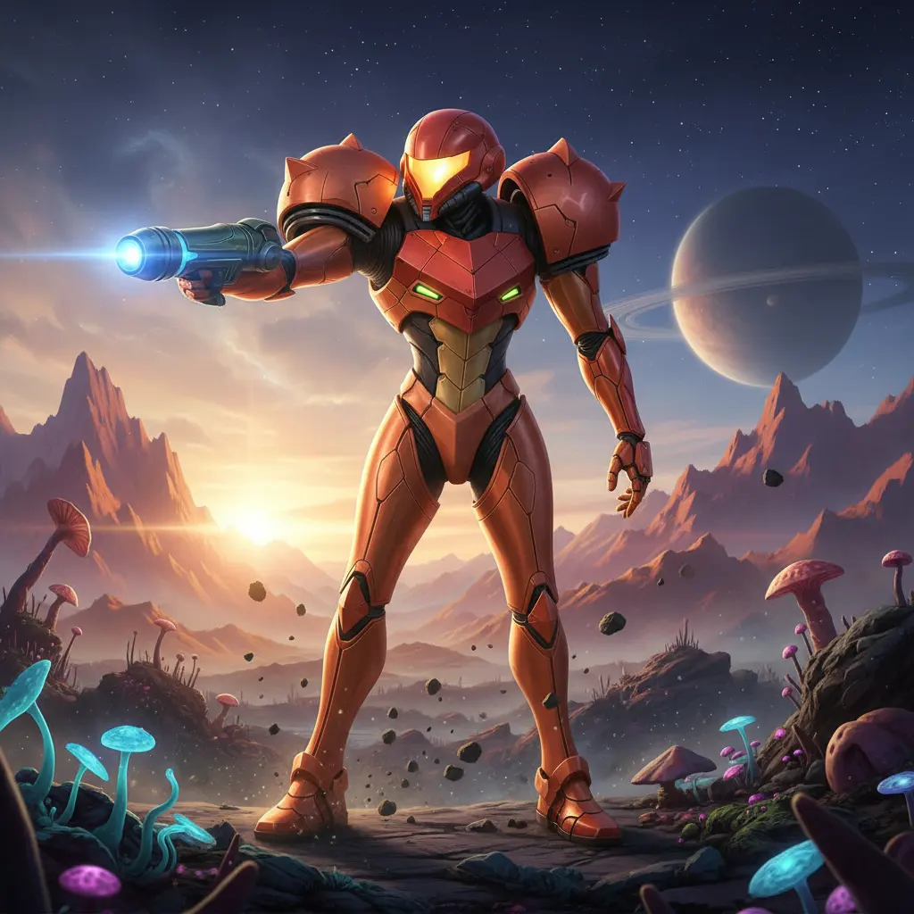 Please generate an image of Samus, and also write an alt text of around 16 words.