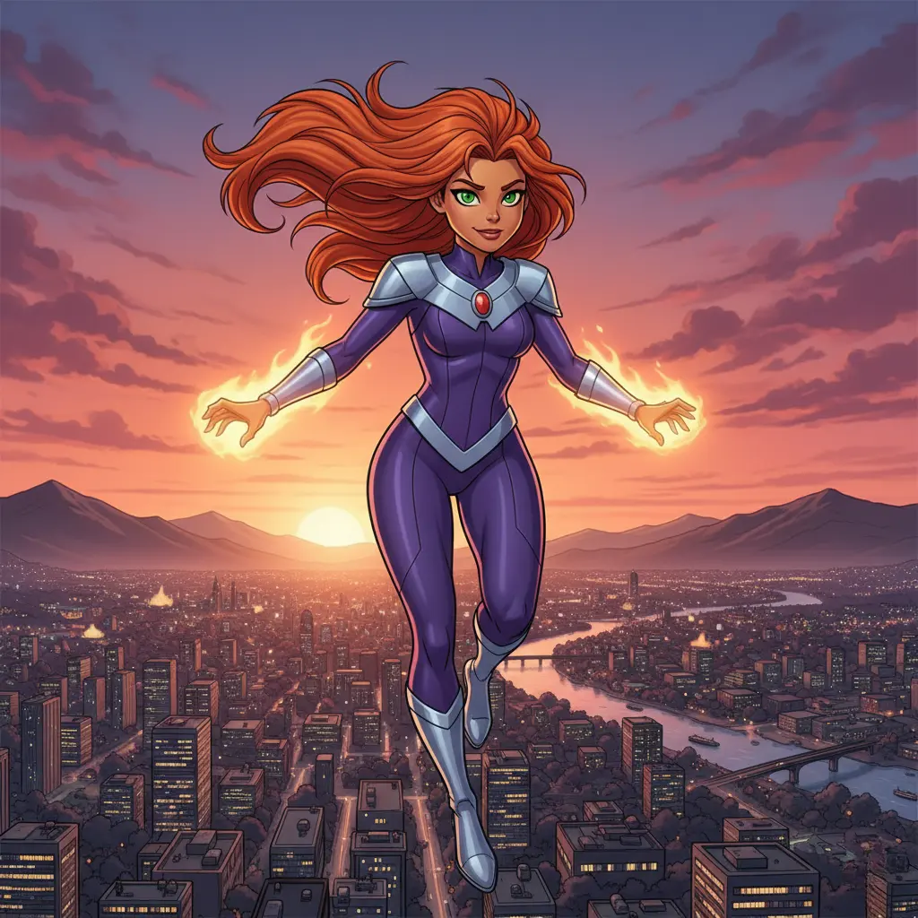An illustration of Starfire, a superhero with long red hair, flying above a city at sunset.