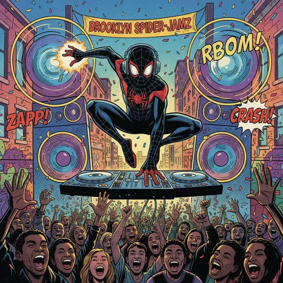 Miles Morales DJing at a block party, crowd, pop art comic style