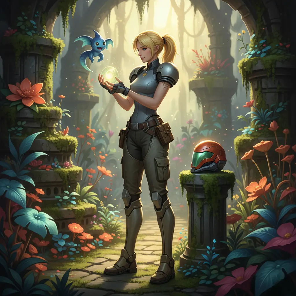 Samus Aran, without her power suit, gently holds a glowing orb in a vibrant, overgrown ancient ruin.