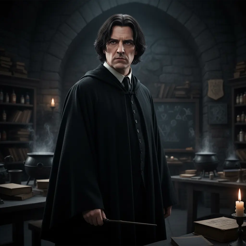 An illustration of Severus Snape in his Potions classroom, looking stern with his wand in hand.