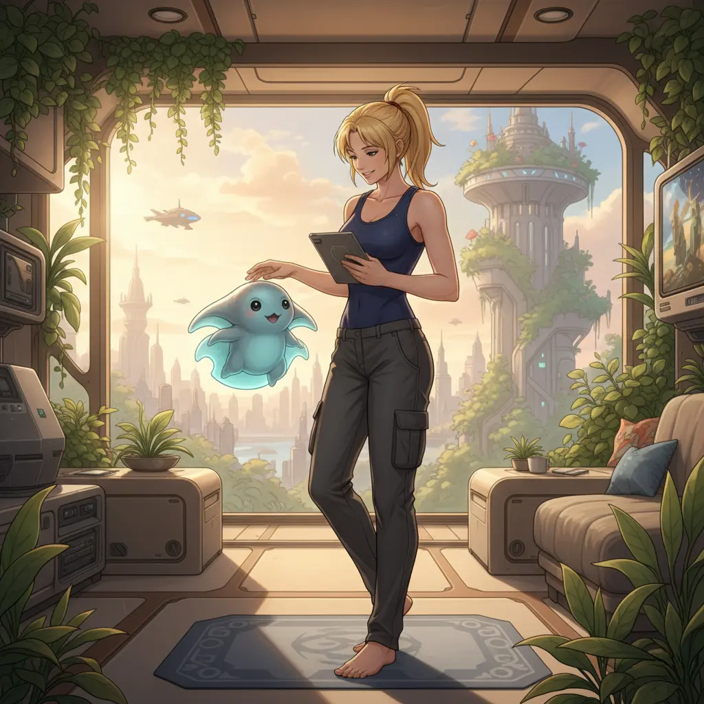 Samus Aran, out of her power suit, interacting with a friendly, glowing creature in a futuristic room.