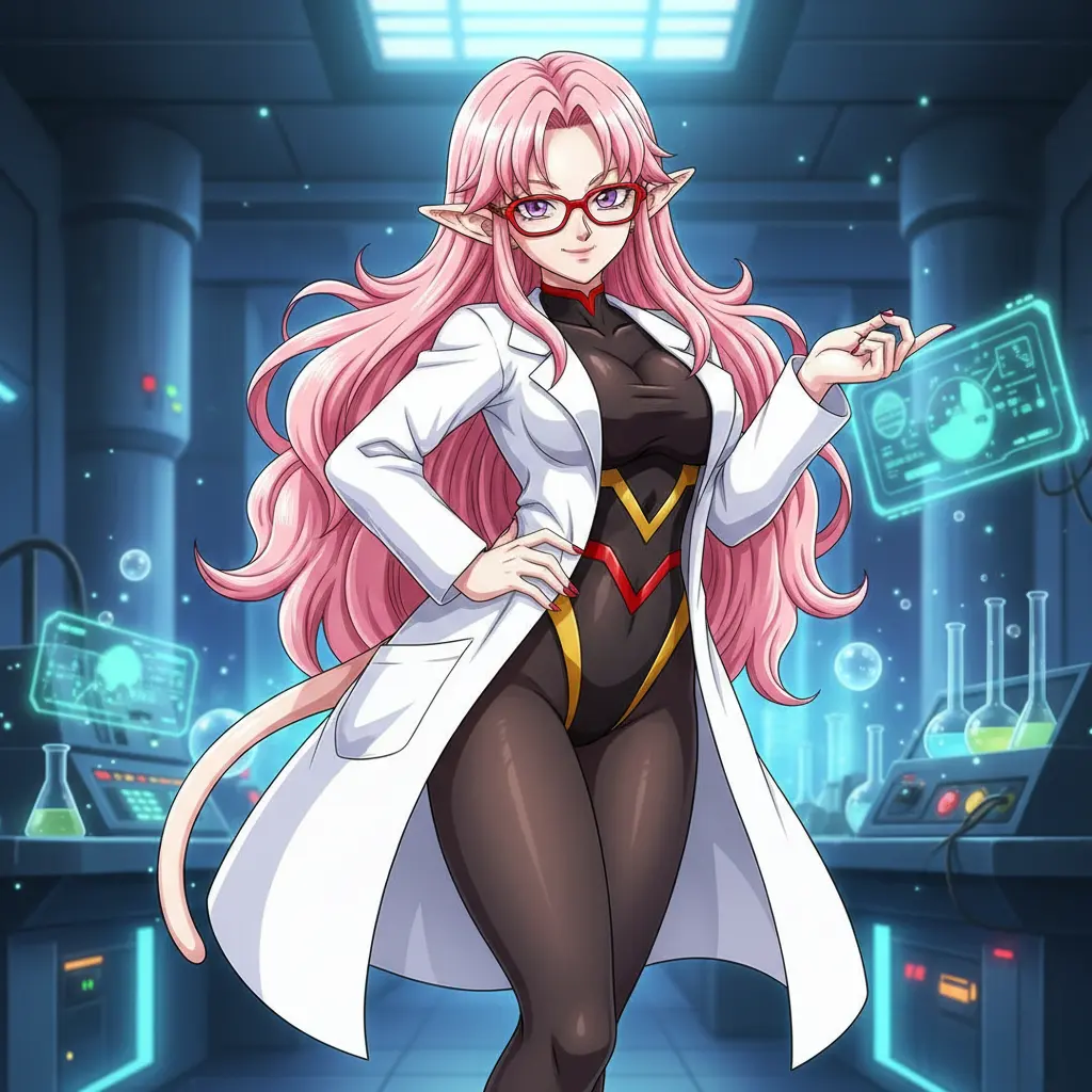  An illustration of Android 21, a pink-haired character in a lab coat, standing confidently in a futuristic laboratory.