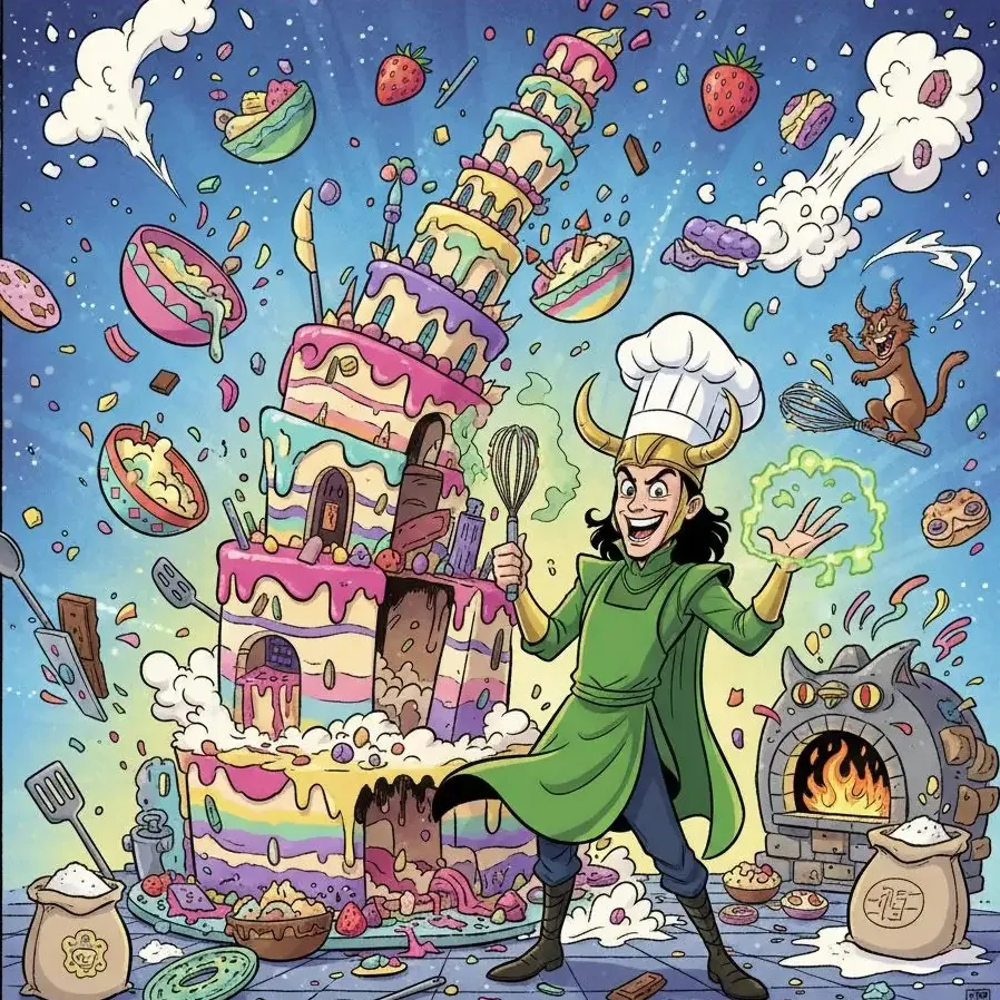Funny Loki chef creating chaos in kitchen, cartoon style.