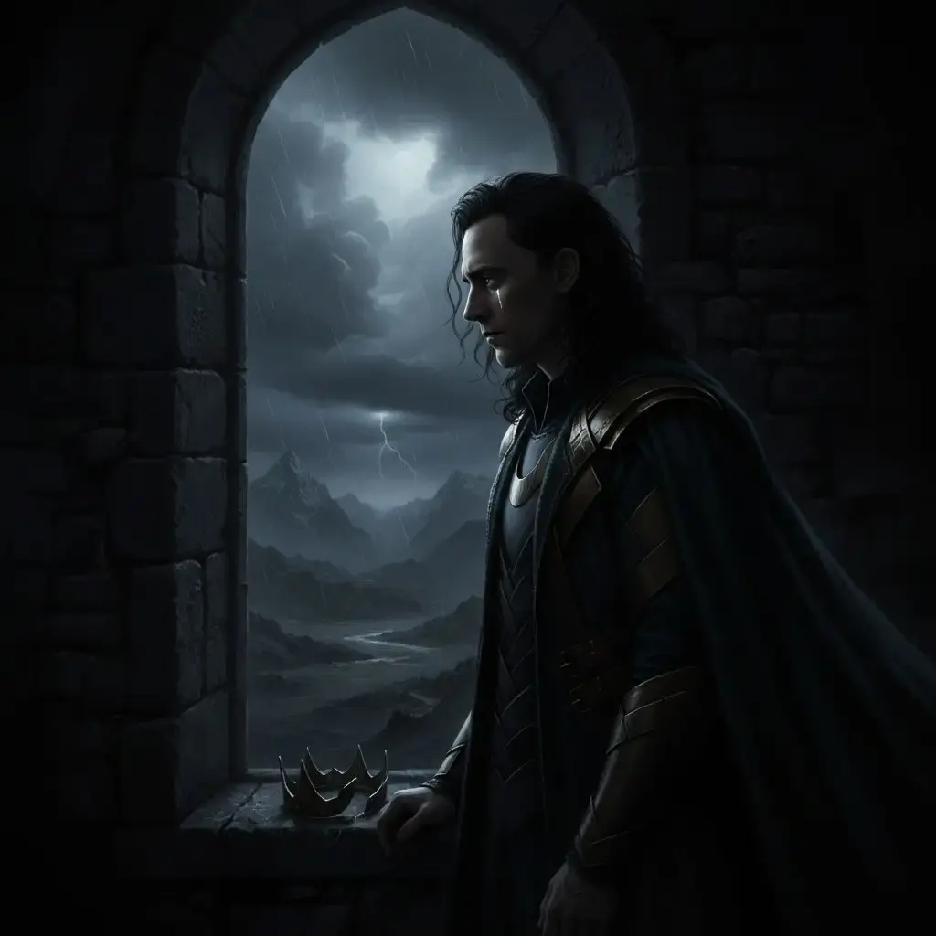 Sad Loki looking out window, dramatic melancholic lighting.