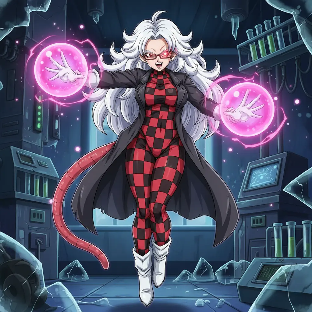 Android 21 in her human form, wearing a checkerboard suit and lab coat, floating with pink energy.
