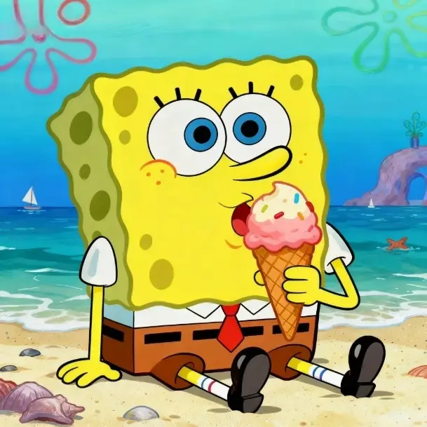SpongeBob sits on beach, eats pink ice cream cone, with ocean, sailboats, and seashells in background.