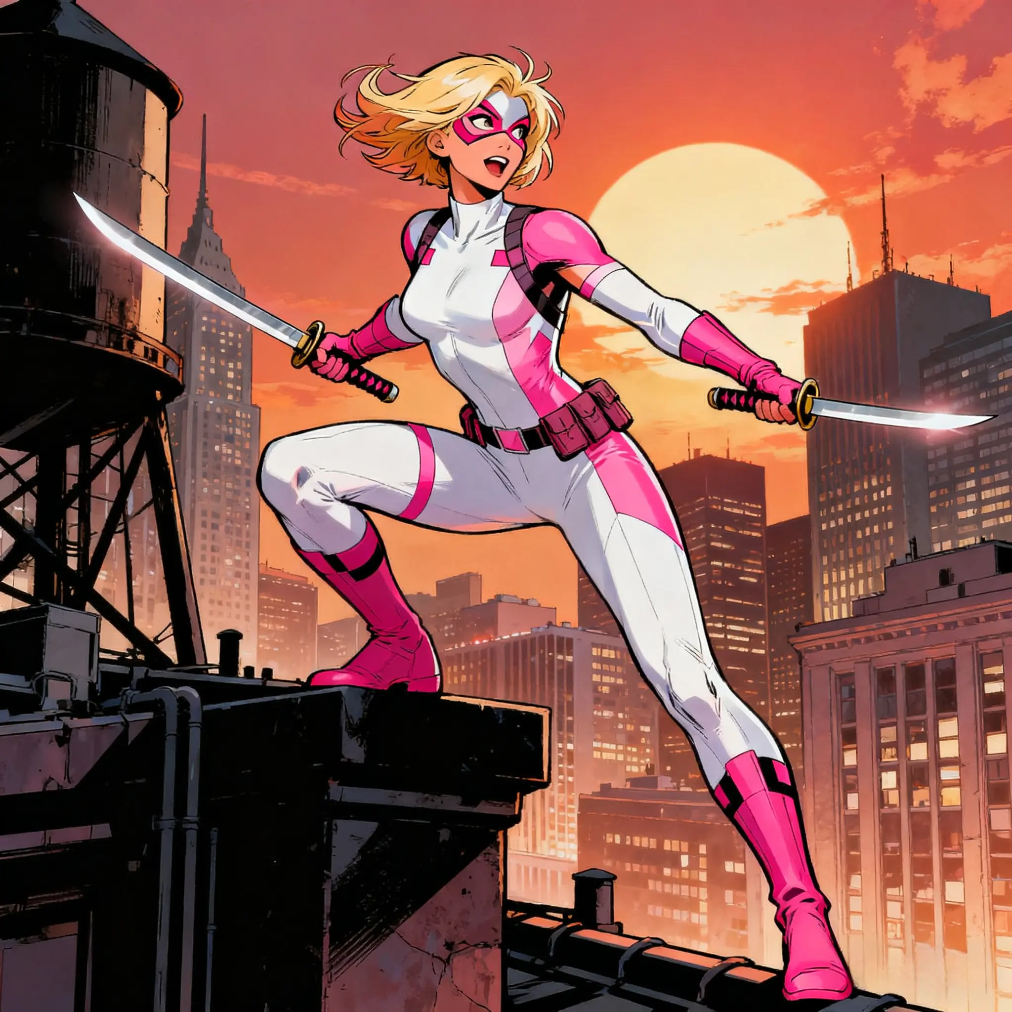 Gwenpool in pink-white suit, dual swords, rooftop sunset city