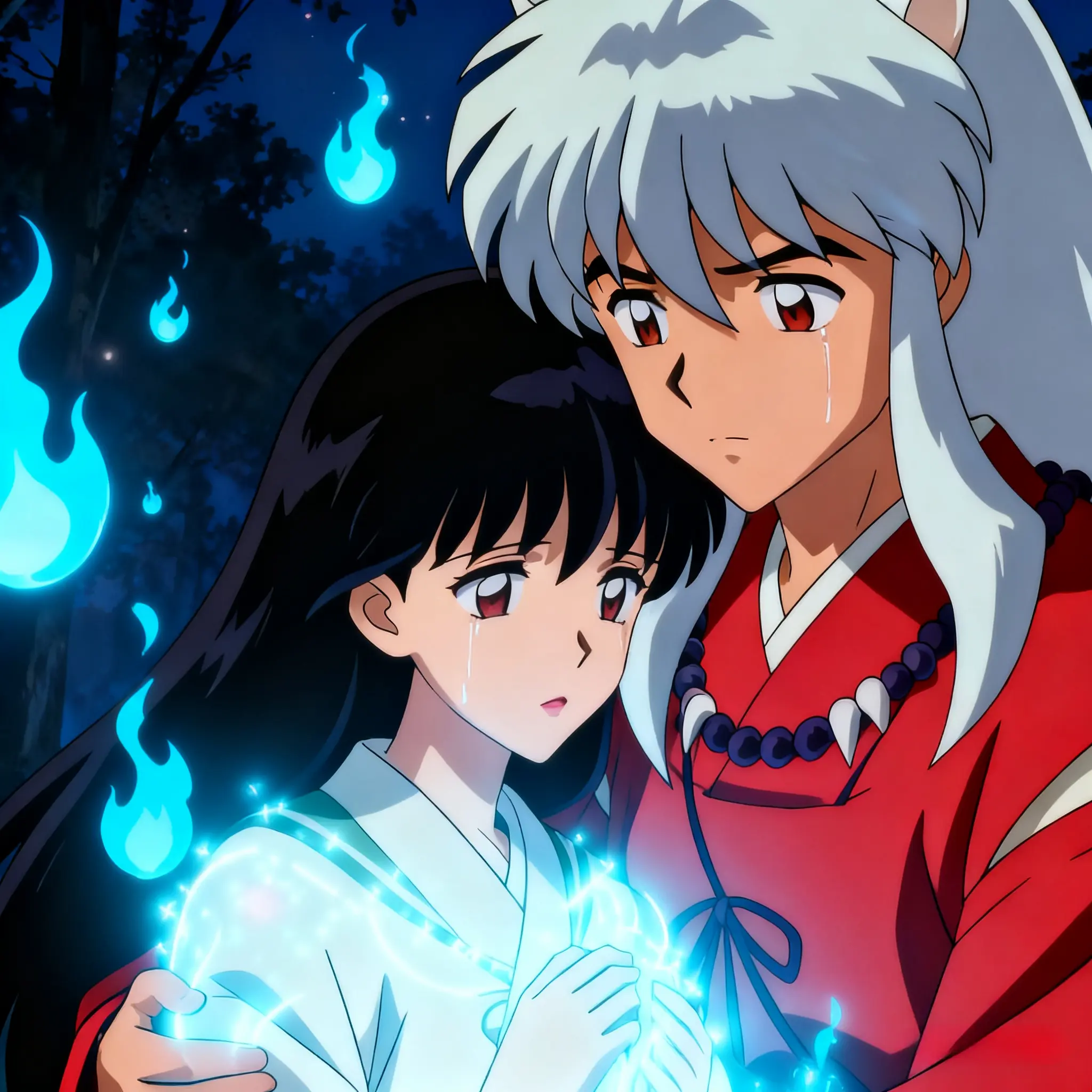 Inuyasha holds Kikyo as she fades, blue flames around