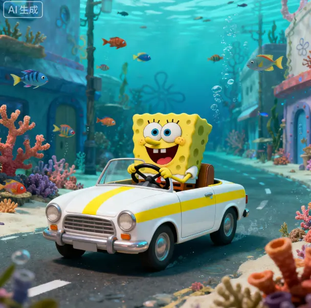 SpongeBob drives yellow-striped convertible through Bikini Bottom’s underwater streets with fish and coral.