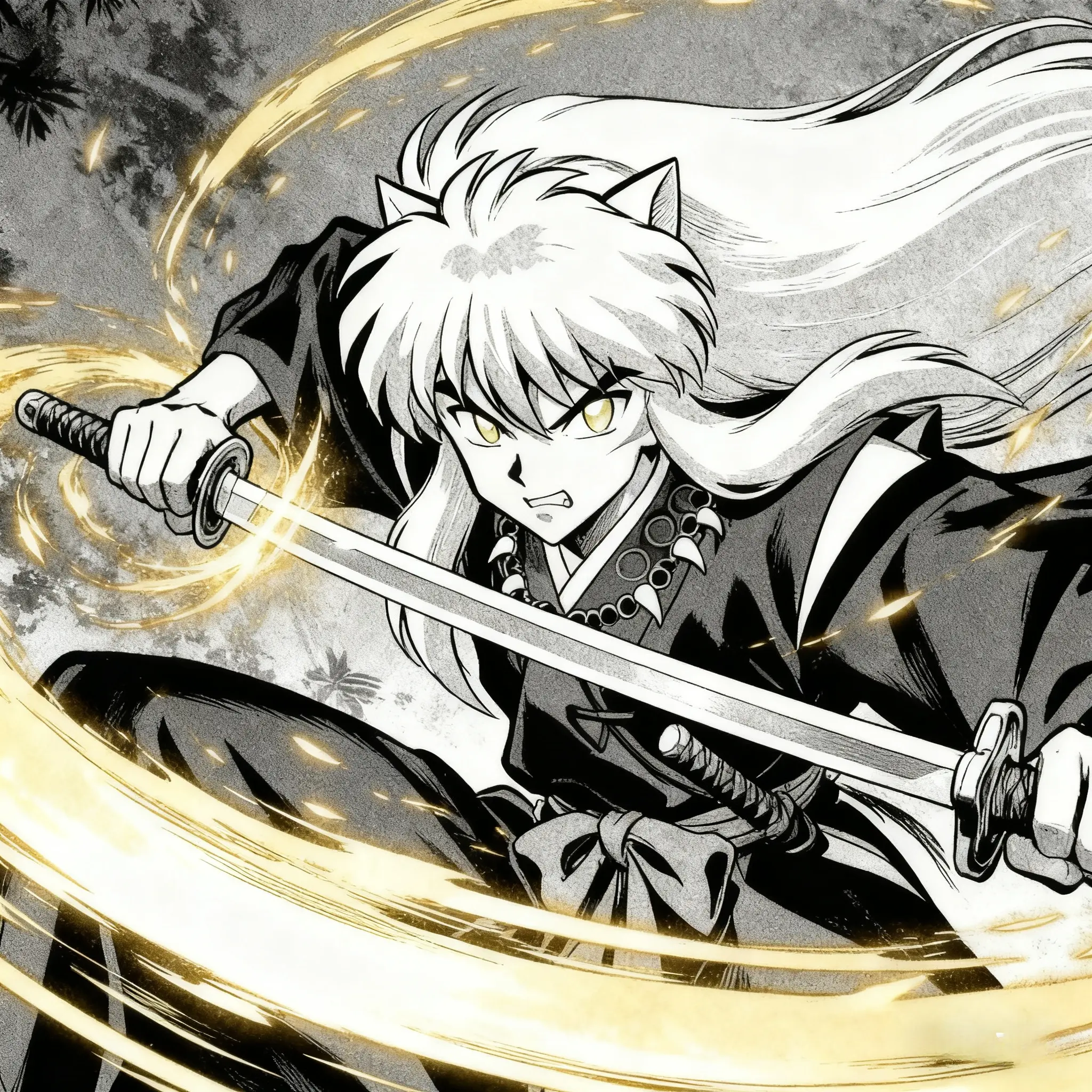 Inuyasha draws Tessaiga, golden energy swirls, manga-style