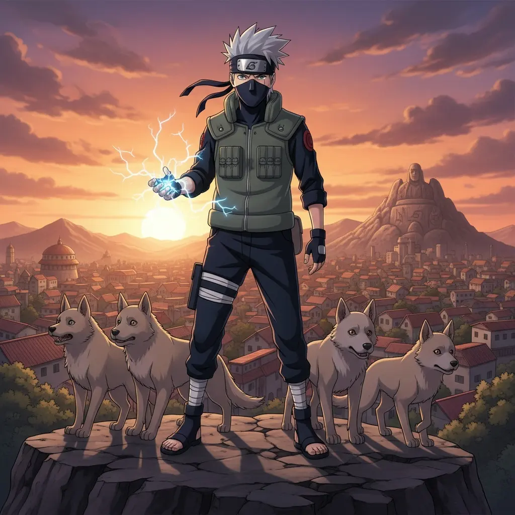 A striking image of Kakashi Hatake, the renowned ninja from Naruto, with his loyal ninken.