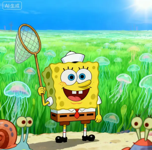 SpongeBob with net in Jellyfish Fields, ready to catch jellyfish, Gary and others nearby.