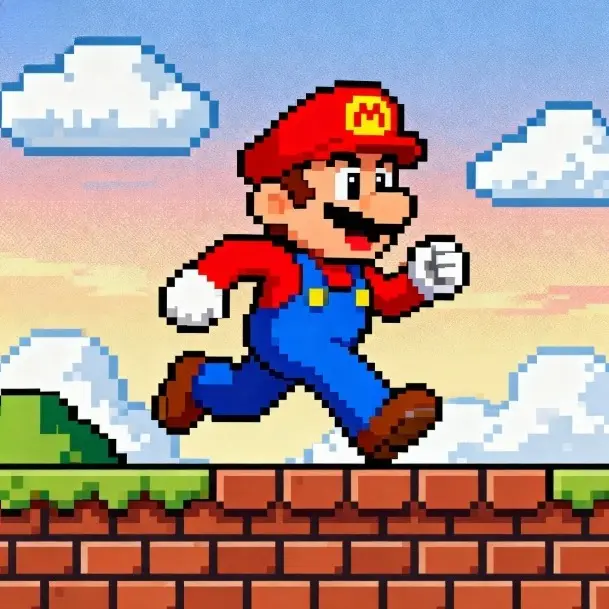 Pixel art Mario in red hat and blue overalls running on brick platform.