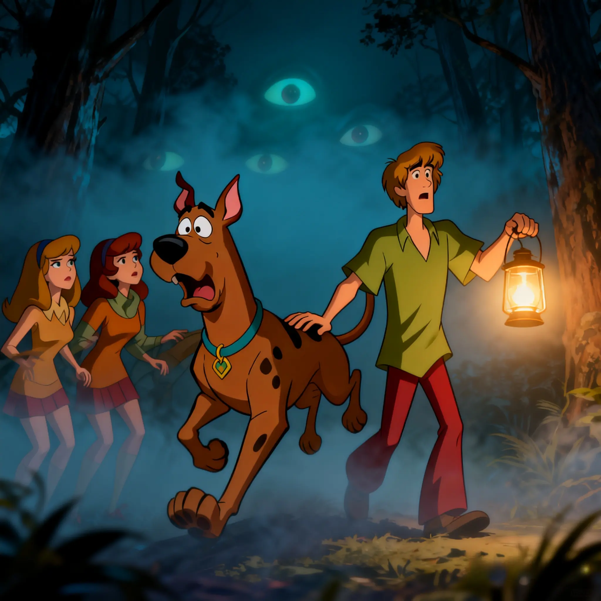 Scooby Doo gang walking in foggy forest, mysterious eyes in mist