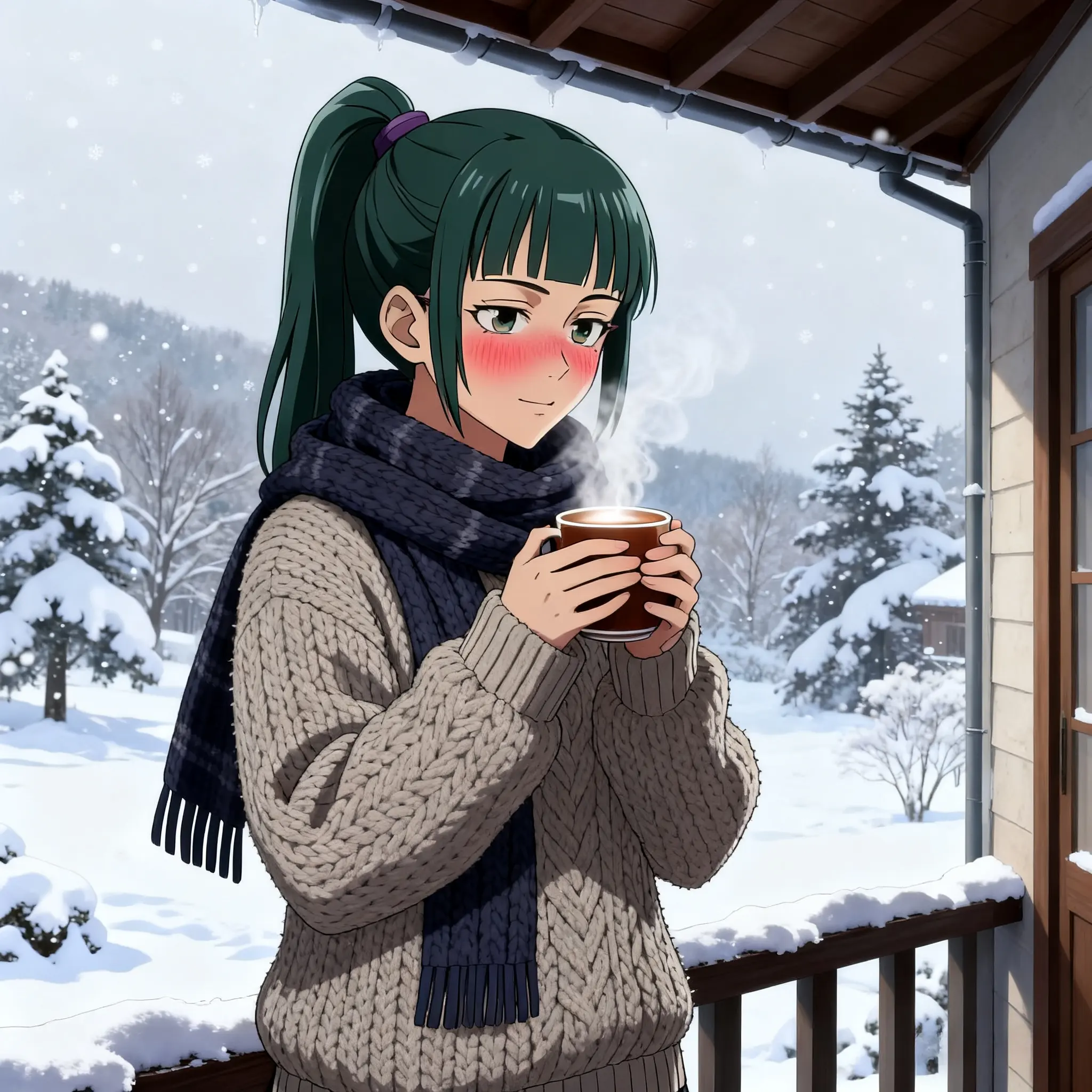 Zenin Maki in cozy beige sweater and scarf holding steaming drink with rosy cheeks.