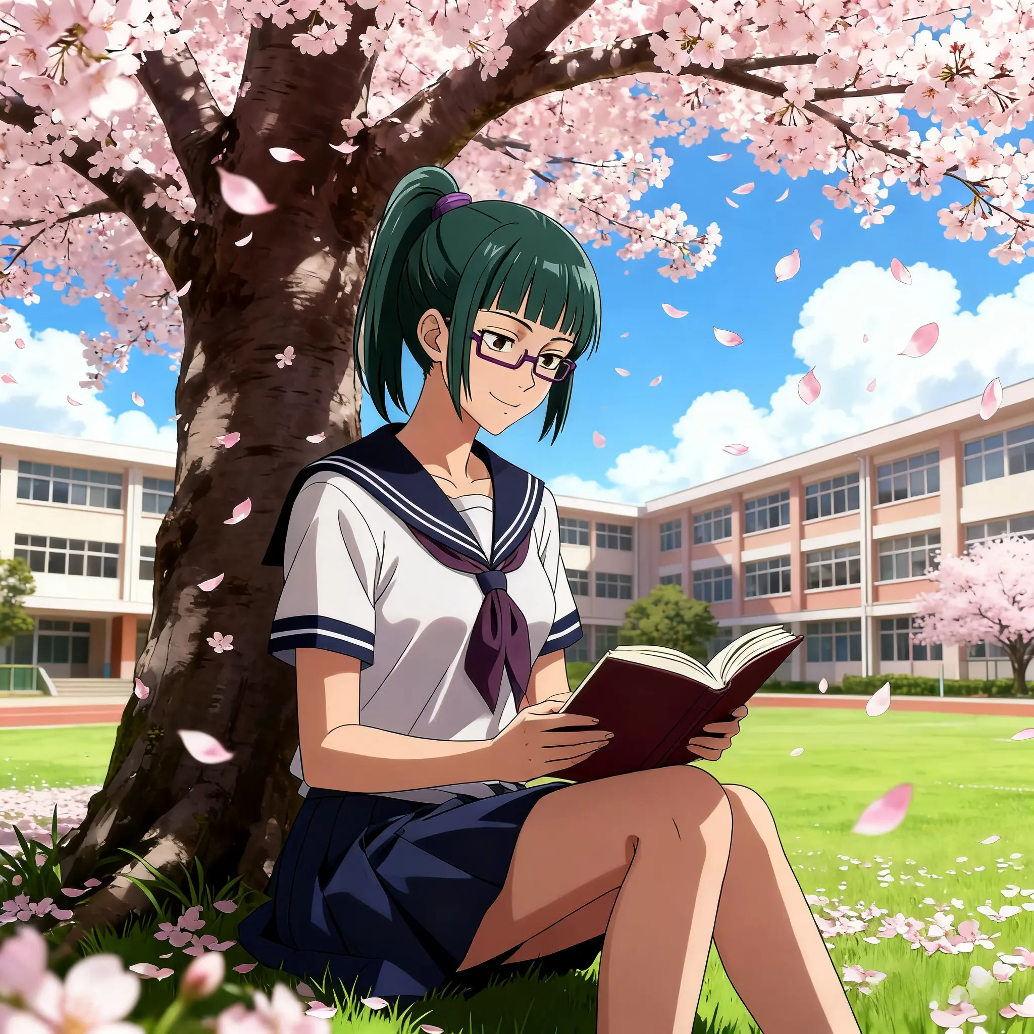 Zenin Maki reading under cherry blossom tree in sailor uniform.