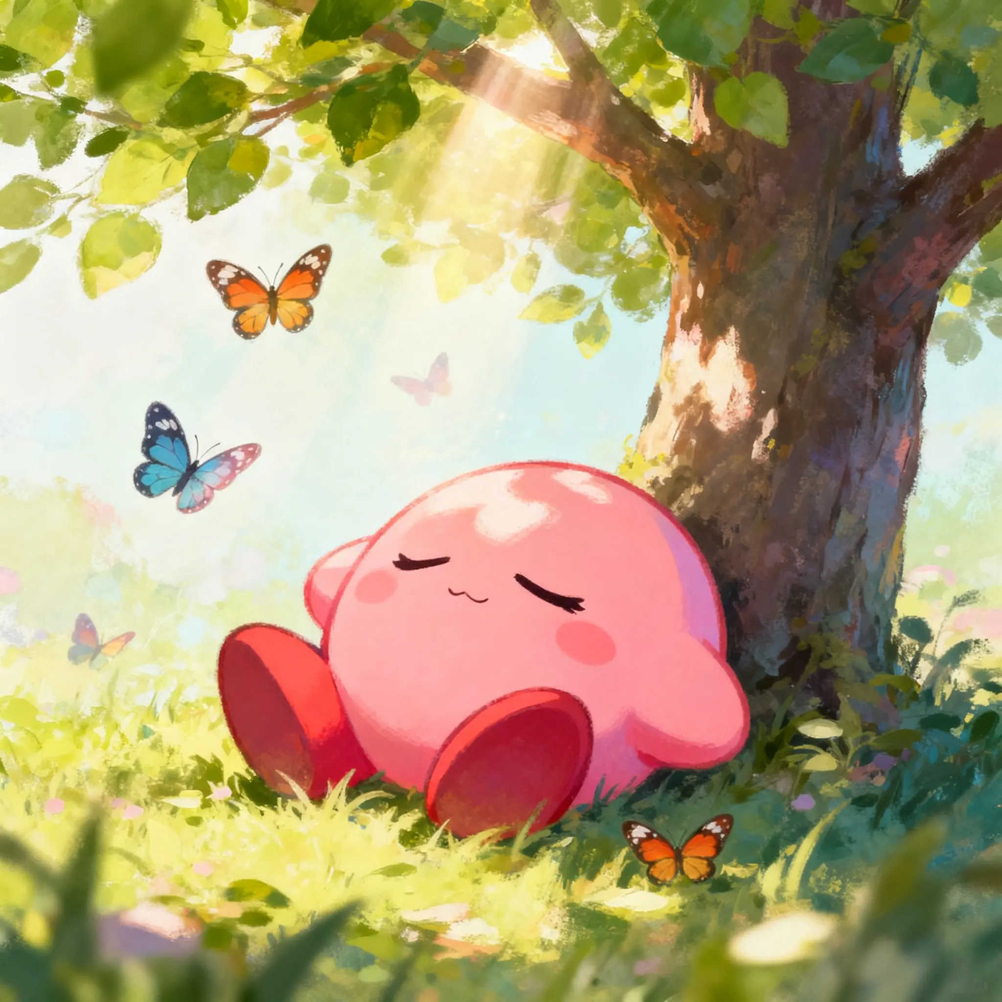 Kirby sleeping under tree, butterflies, sunlit peaceful scene