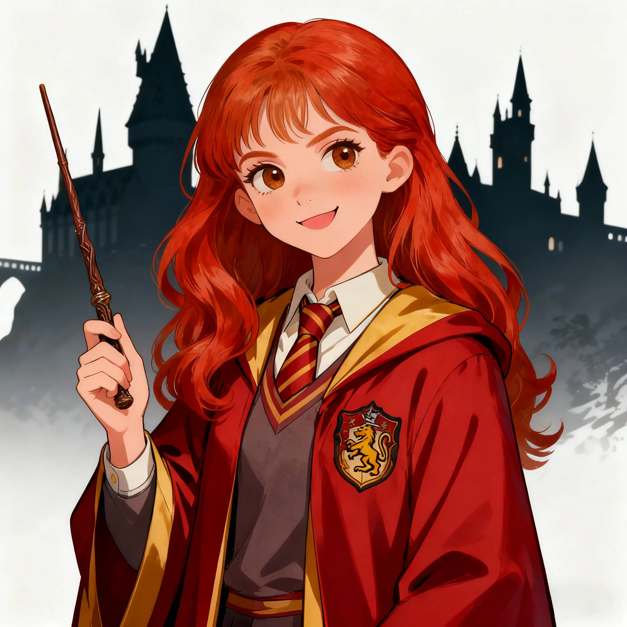 Ginger-haired Ginny Weasley in Gryffindor uniform holding wand against Hogwarts backdrop - anime fan art