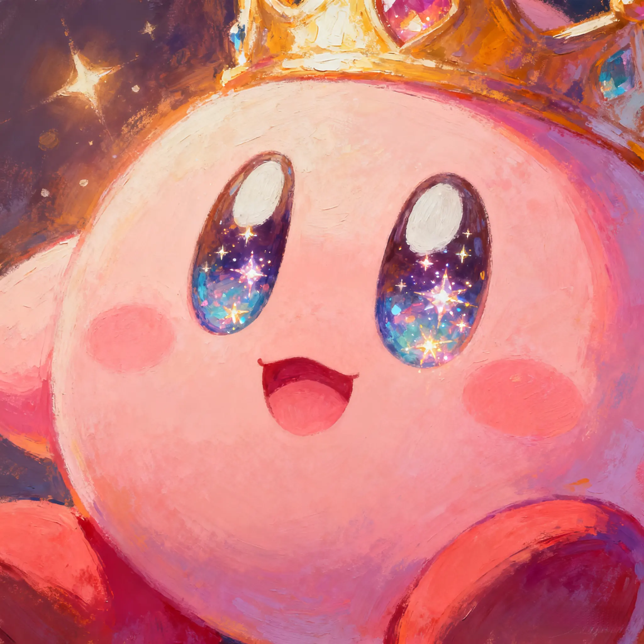 Kirby with crown, starry eyes, painterly portrait