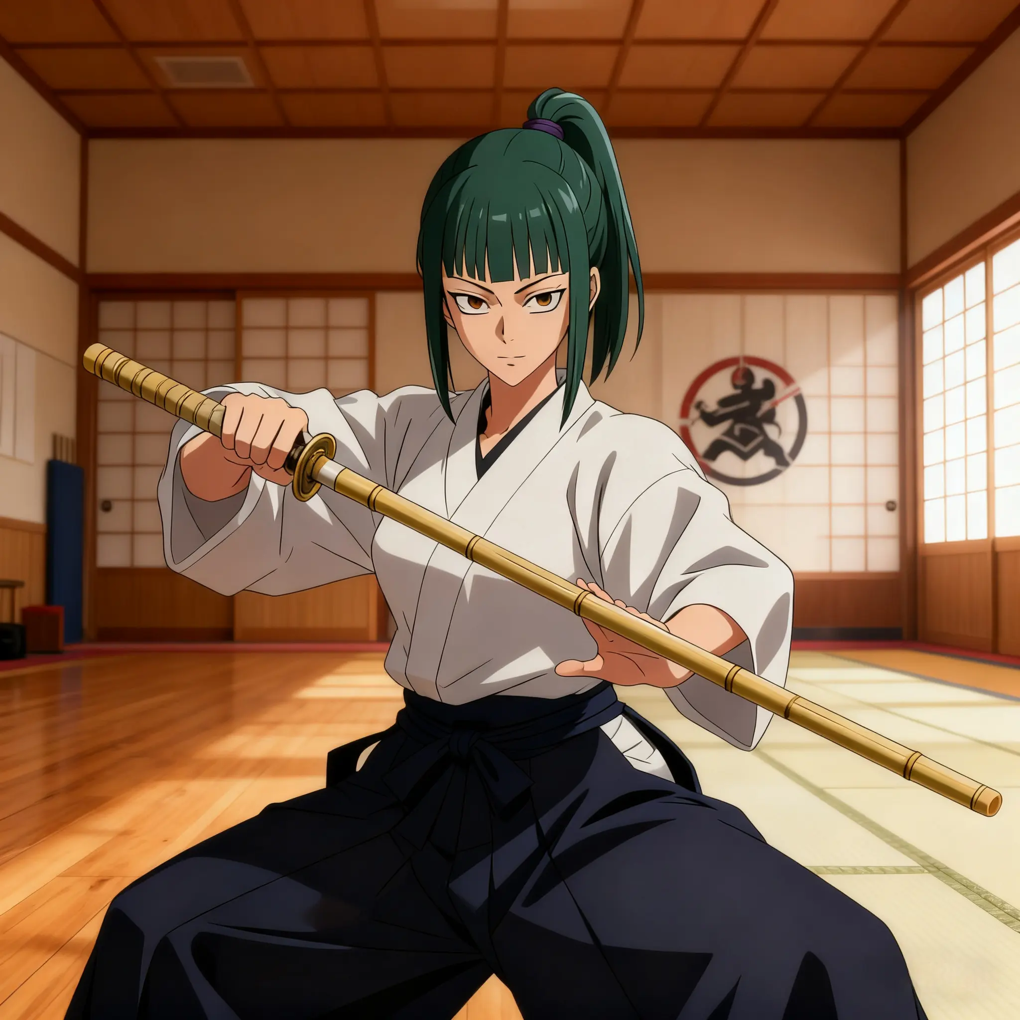 Zenin Maki in kendo uniform standing ready for training before a traditional Japanese dojo.