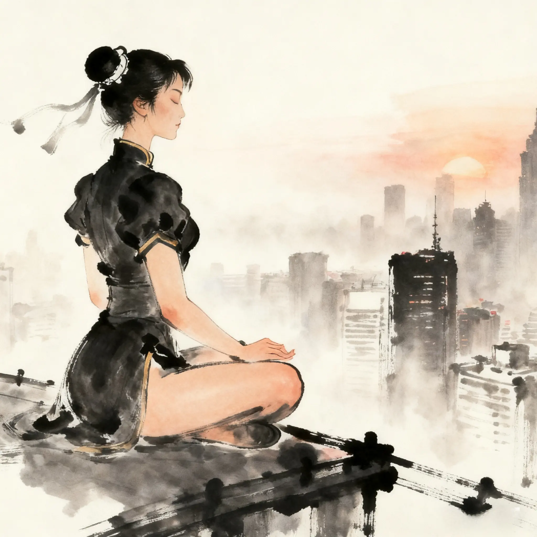 A serene ink wash style fan art depicting Chun-Li in deep meditation on a urban rooftop overlooking the city.