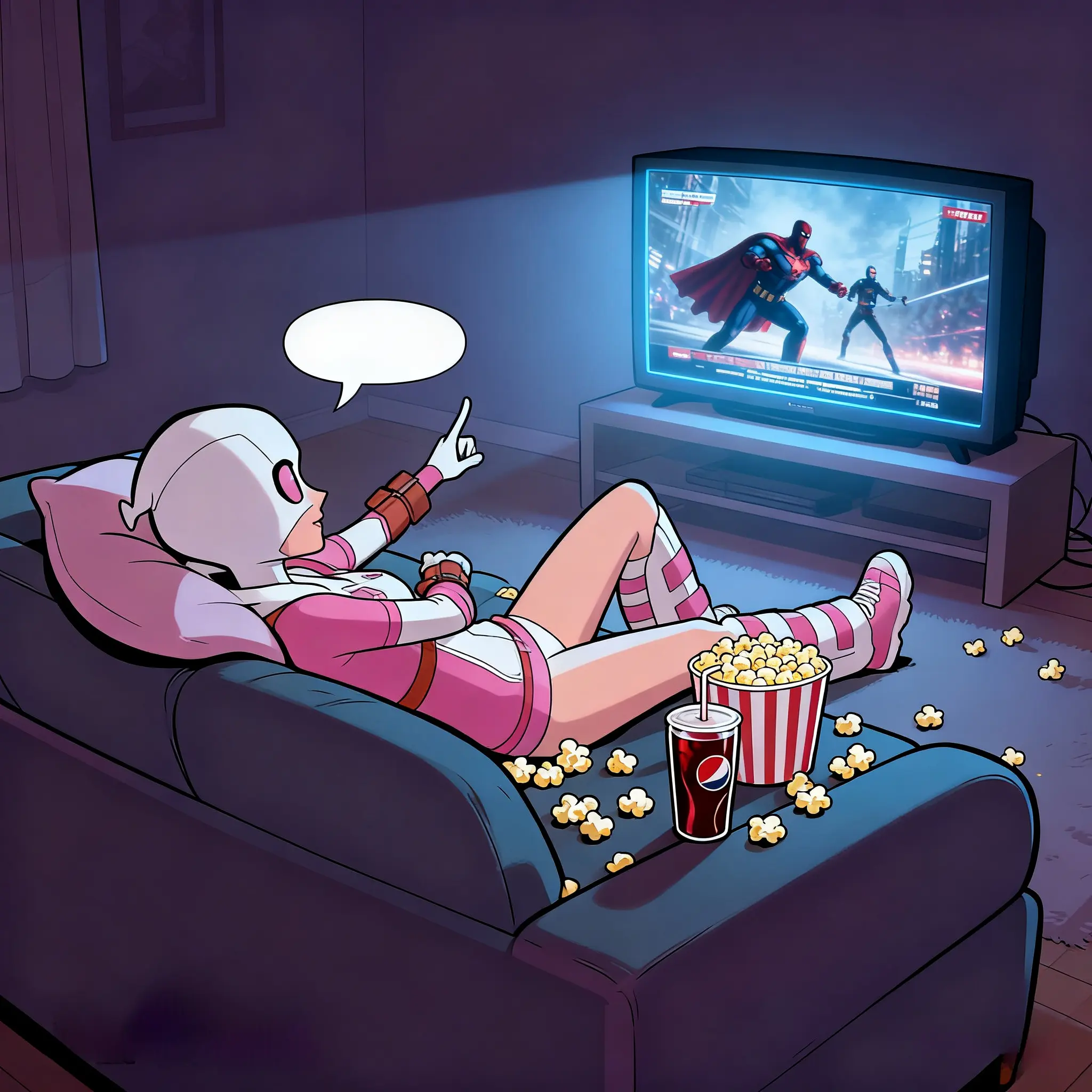 Gwenpool watching superhero show, popcorn, soda, cozy room