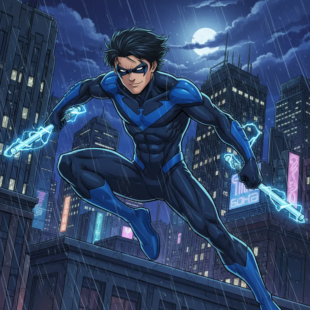 A dynamic anime-style illustration of Nightwing in a heroic pose, with a dark, urban background.