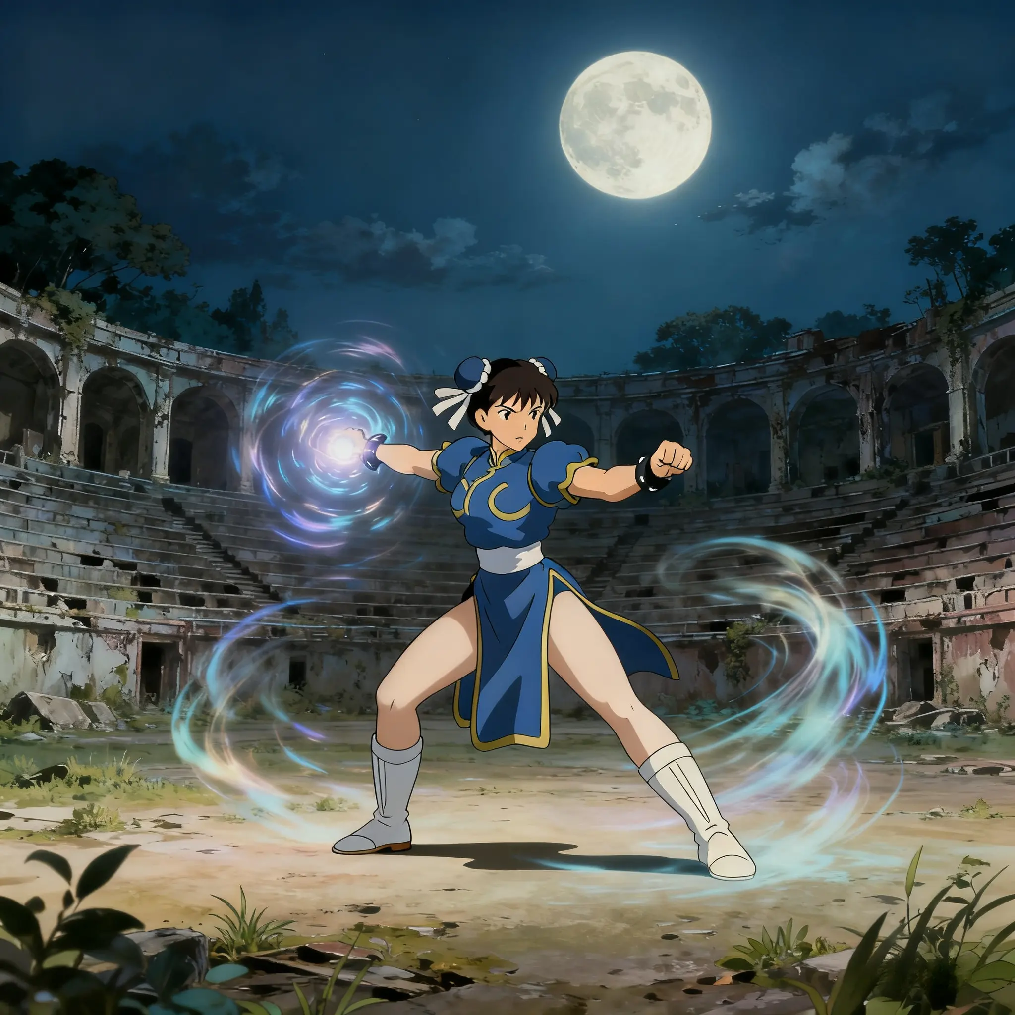 An atmospheric fan art illustration of Chun-Li channeling her energy under the moonlight in an ancient circular amphitheater.