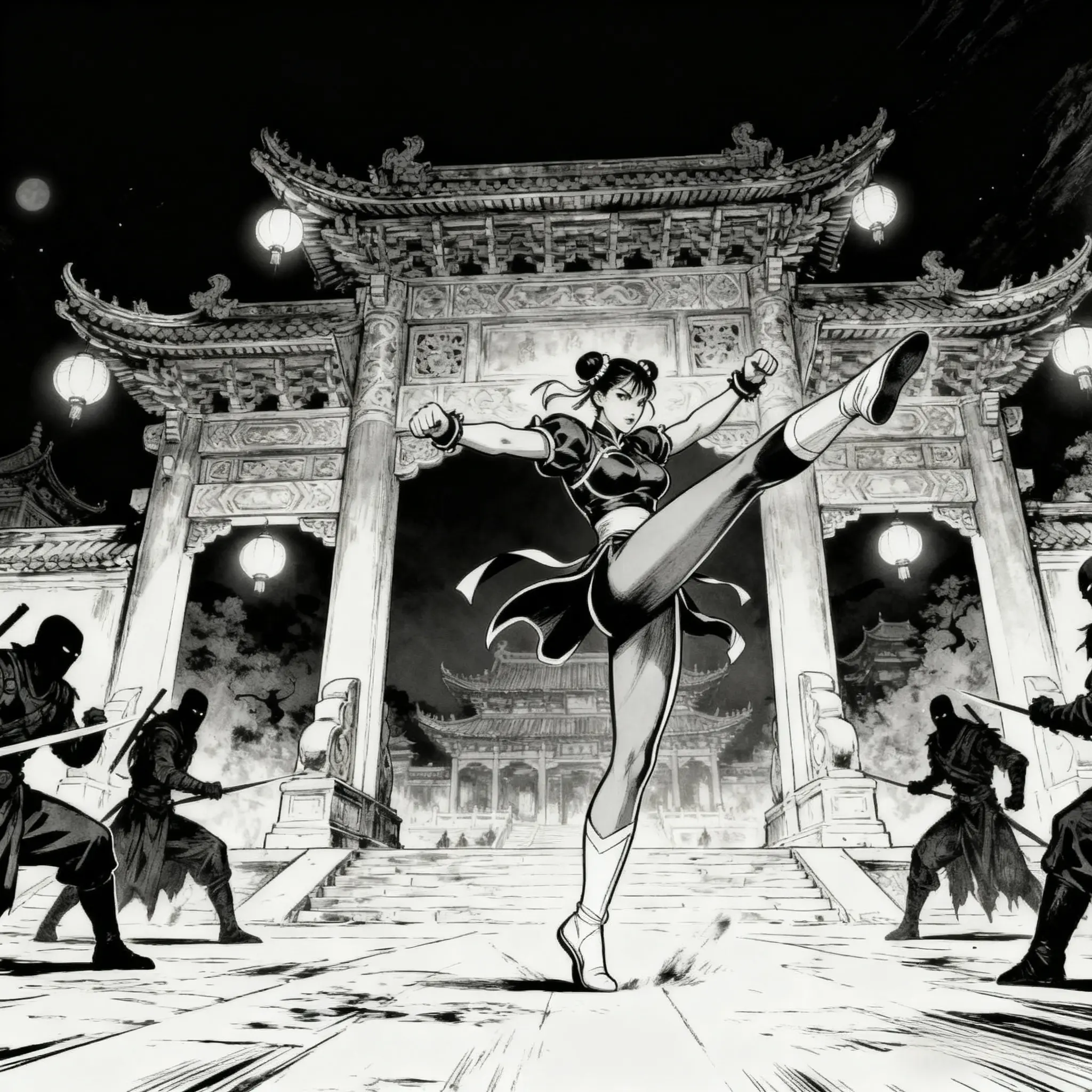 Dynamic comic book fan art in monochrome style depicting Chun-Li performing a powerful flying kick before an ornate Chinese memorial arch.