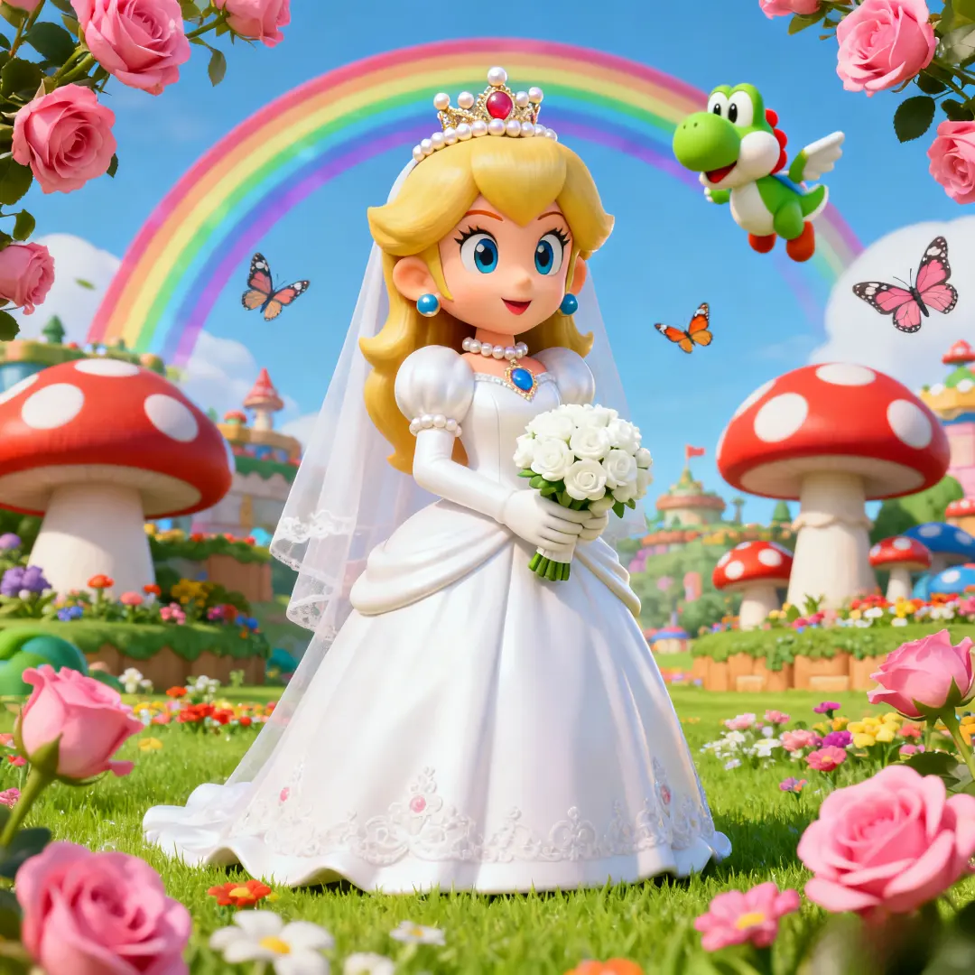 It shows Princess Peach in a flowing pink gown with a golden crown, standing in a vibrant garden filled with blooming flowers and greenery, her expression gentle and smiling.