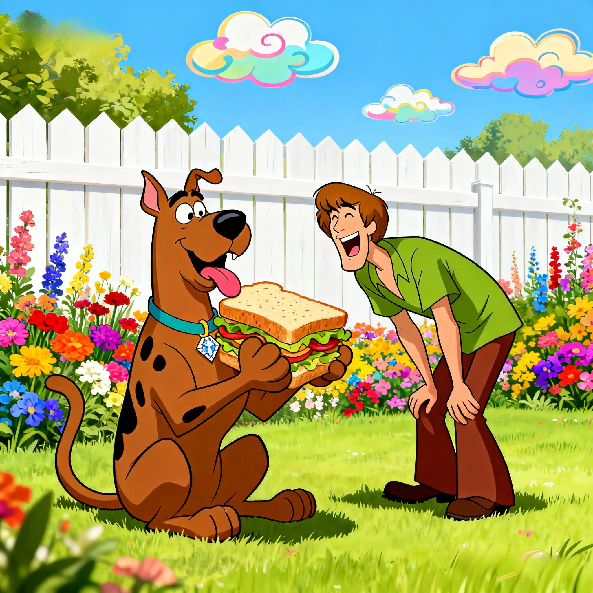 Scooby Doo with giant sandwich, Shaggy laughing, sunny backyard
