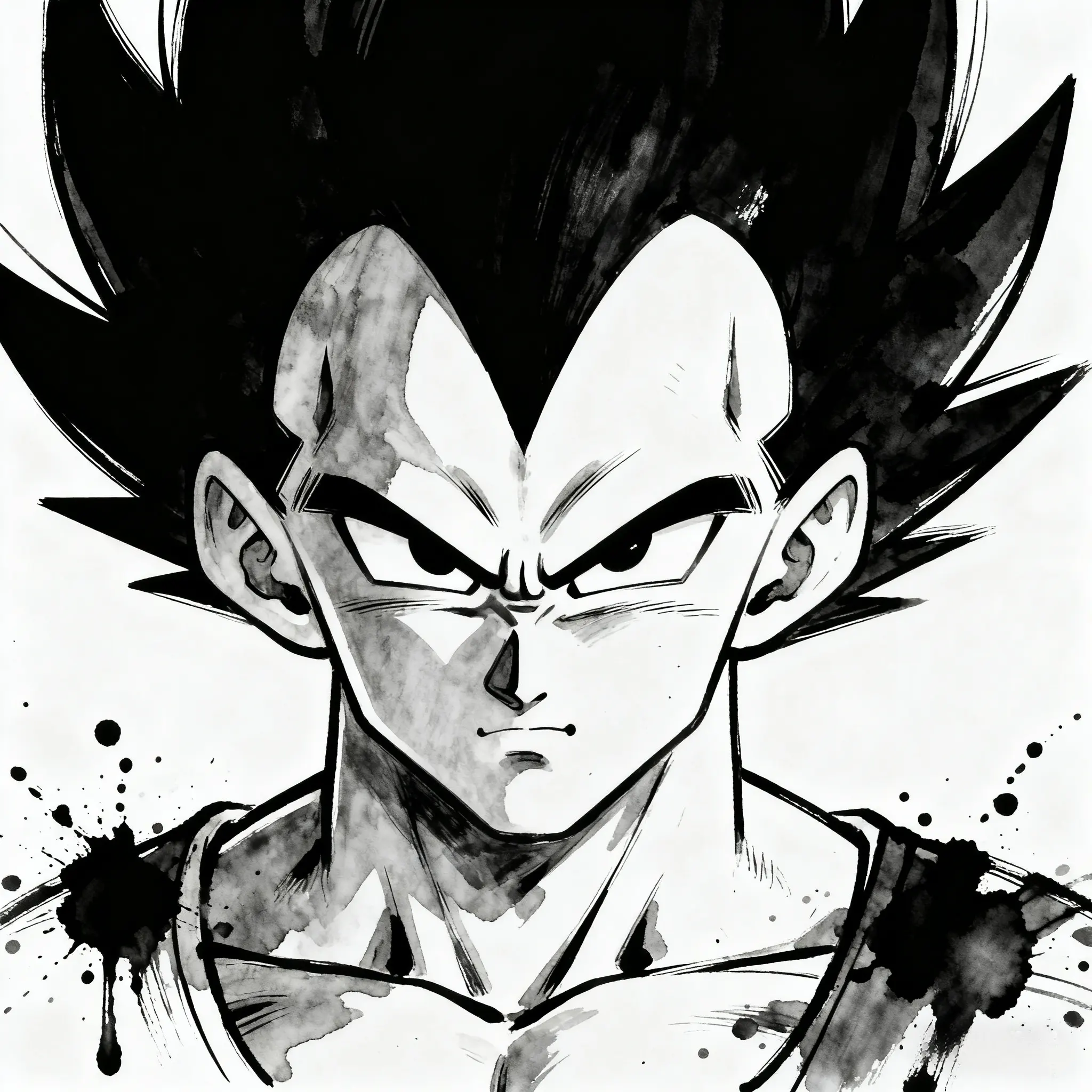 Ink wash portrait of Vegeta, intense expression, black & white