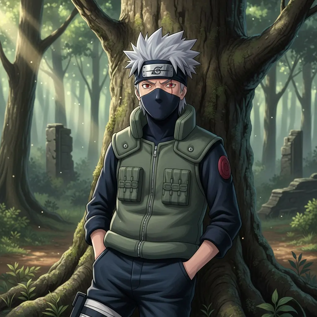 A detailed anime-style illustration of Kakashi Hatake, the popular ninja from Naruto, standing in a serene forest.