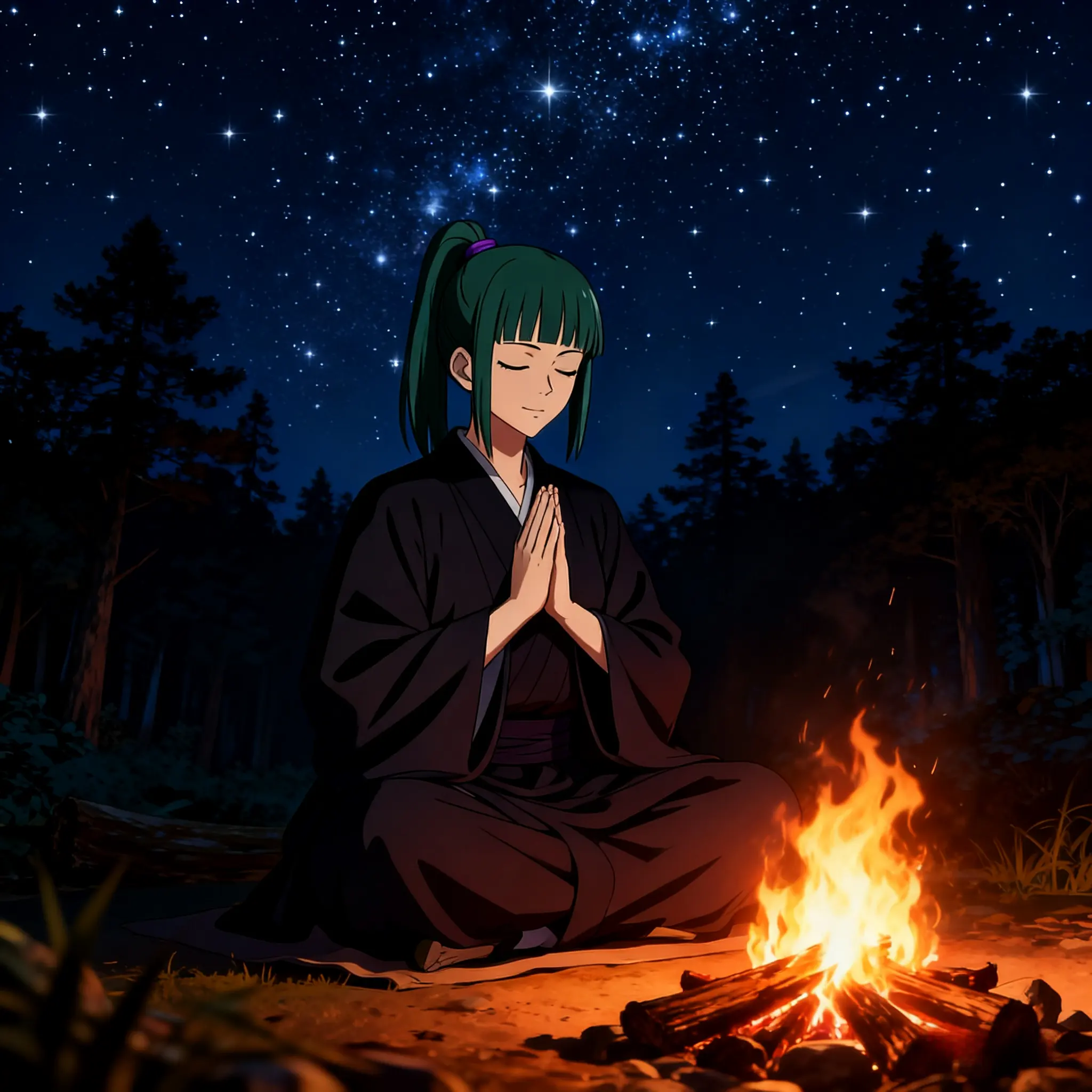 Zenin Maki meditating in dark kimono by a campfire under starry night sky.