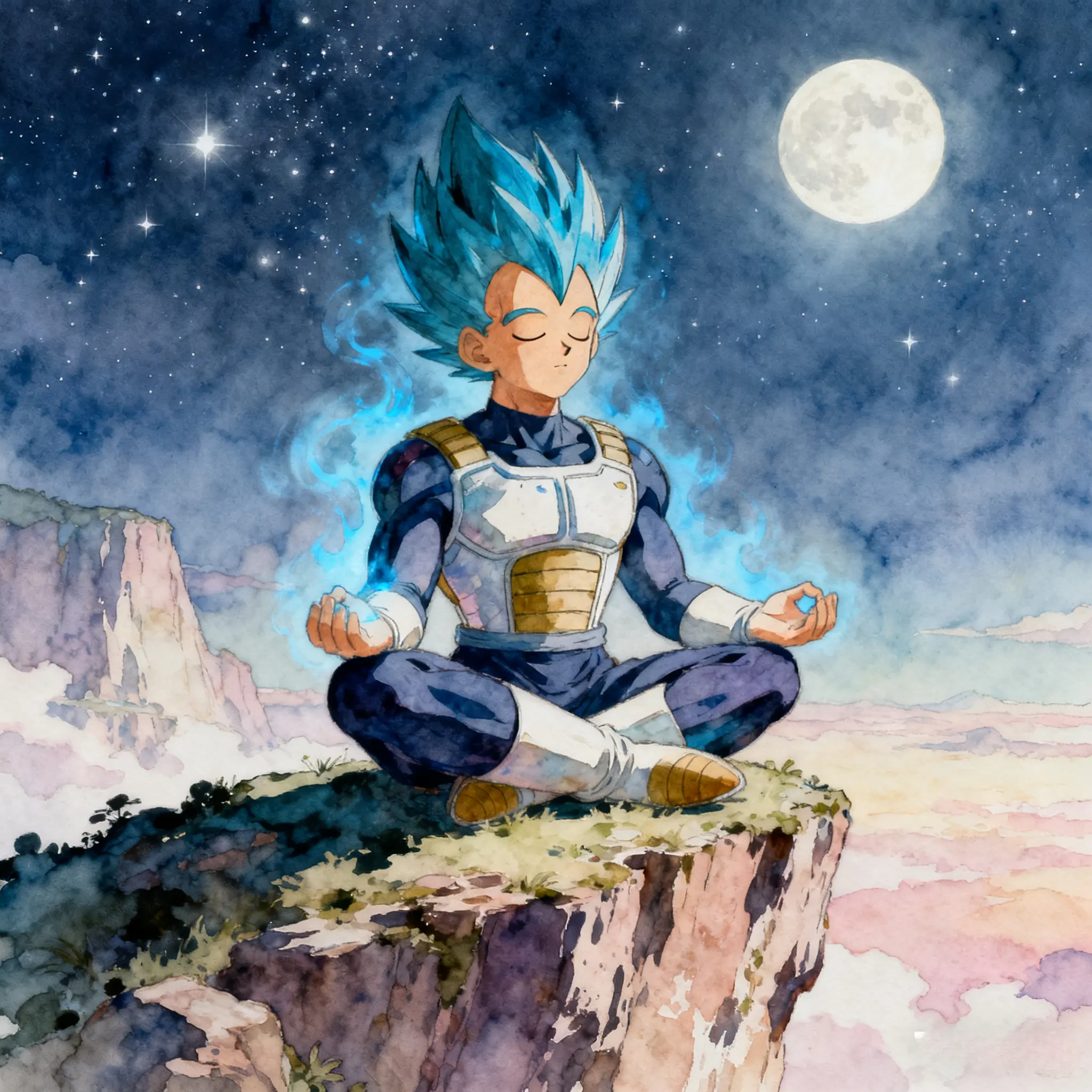 Vegeta meditates on cliff under moon, watercolor style