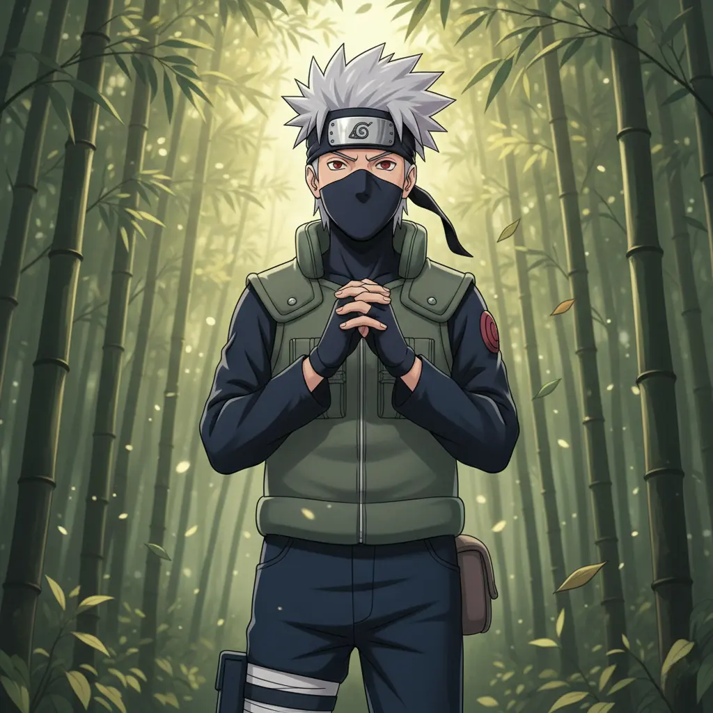  A detailed anime-style illustration of Kakashi Hatake, the popular ninja from Naruto, standing in a serene forest
