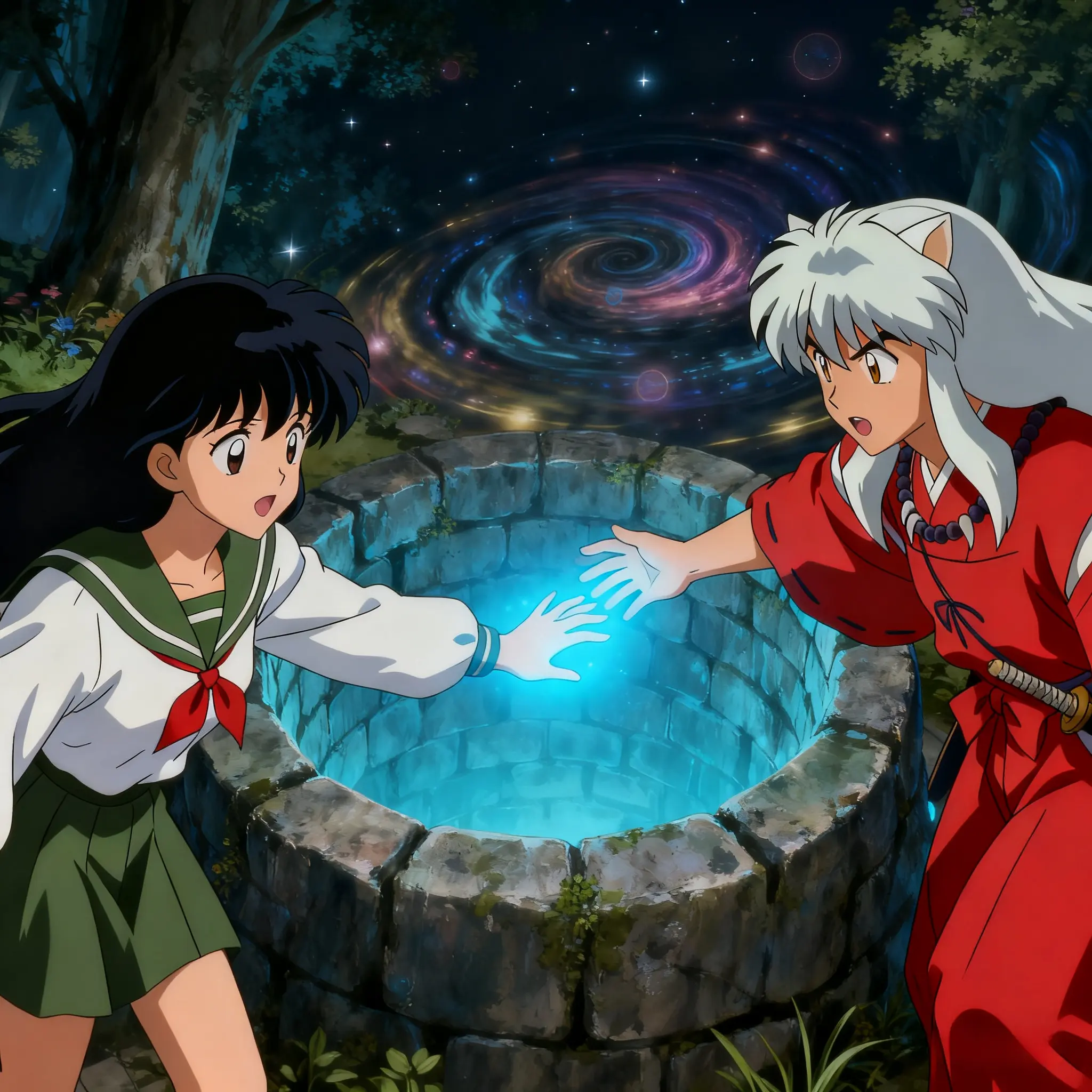 Inuyasha and Kagome reach through time well, cosmic swirl background